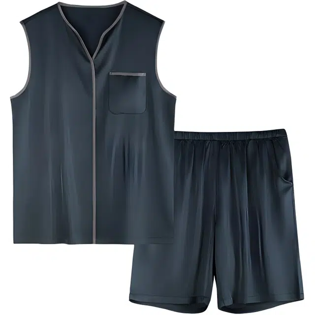 潞优野 无袖背心家居服简约纯色睡衣套装 男款