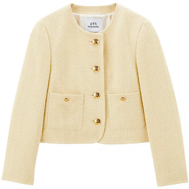 太平鸟 含绵羊毛金扣品质小香风截短外套 女款 鹅黄色