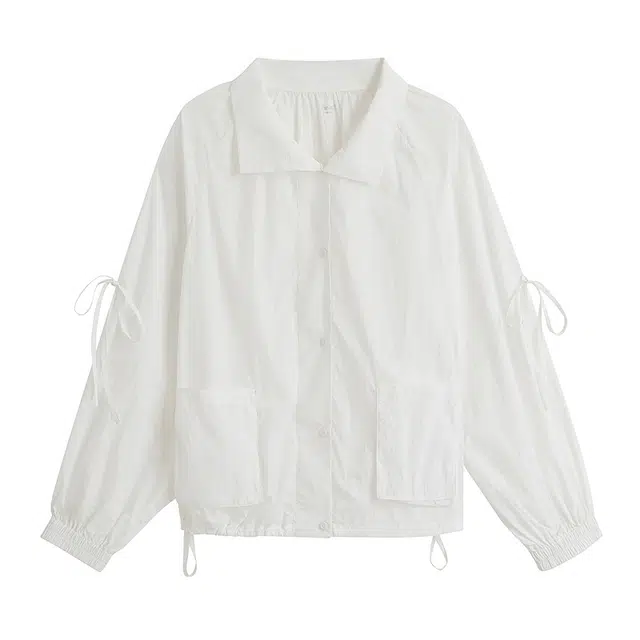 茵曼 休闲宽松翻领长袖薄款防晒服 女款 珍珠白