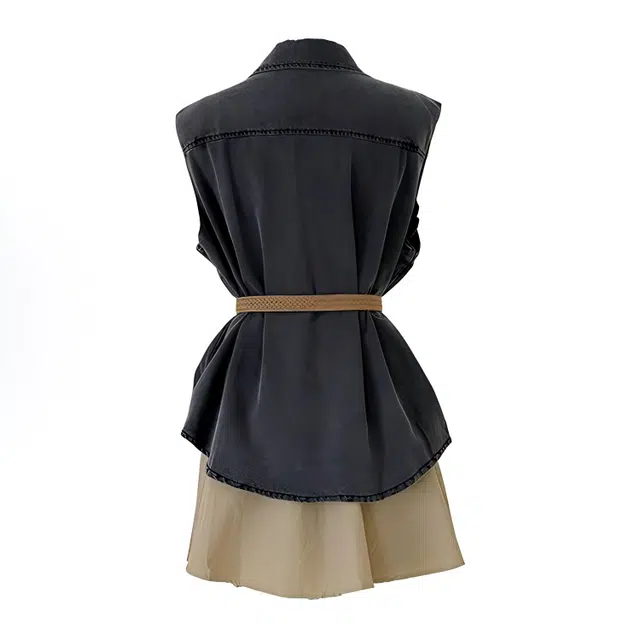 小菊川栗 学院时尚休闲潮流甜辣穿搭牛仔马甲连衣裙时尚装设计感小众洋气减龄收腰短裙裙装套装 女款