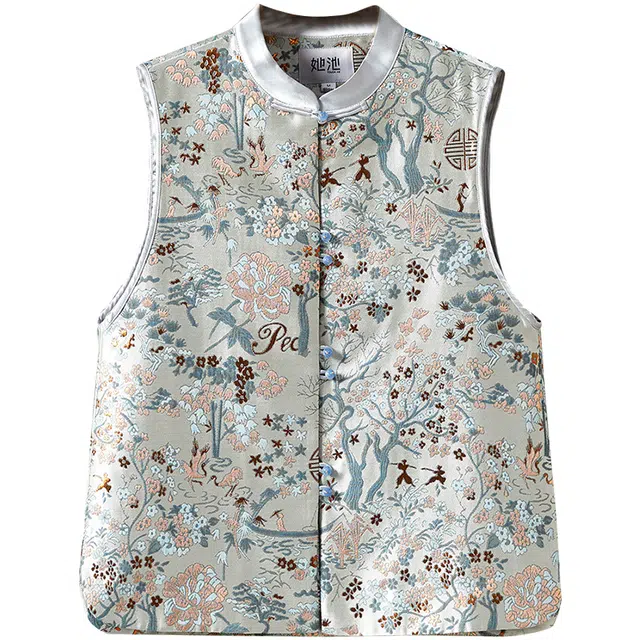 她池 新中式立领盘扣复古提花叠穿马甲 女款 青色