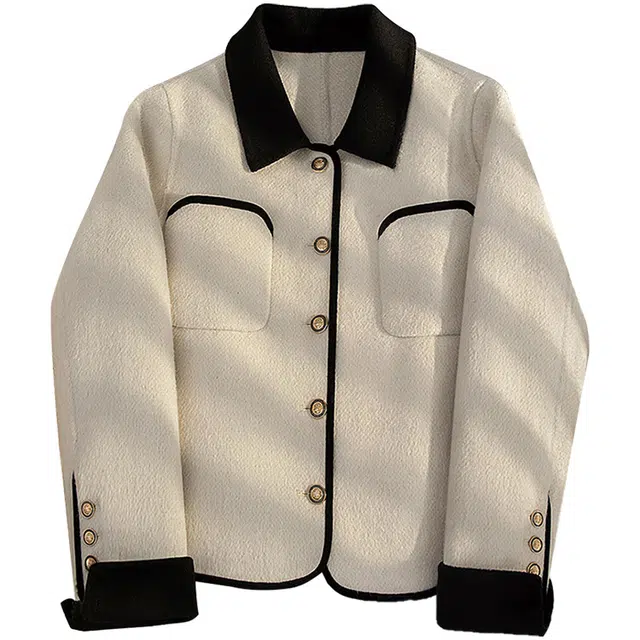 丝柏舍 翻领撞色绵羊毛宽松短款气质单排扣双面呢长袖截短外套 女款 米色