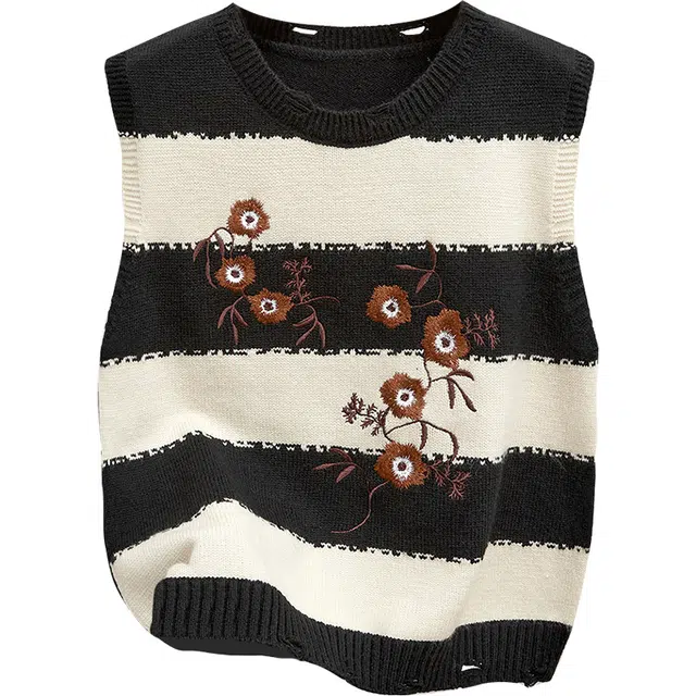 她池 学院风宽松款圆领套头马甲 女款 黑米条纹