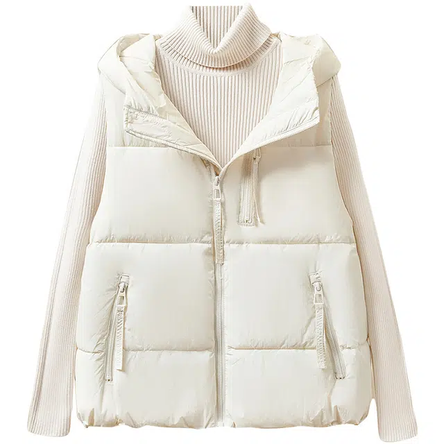 她池 连帽休闲纯色马甲 女款 米白色