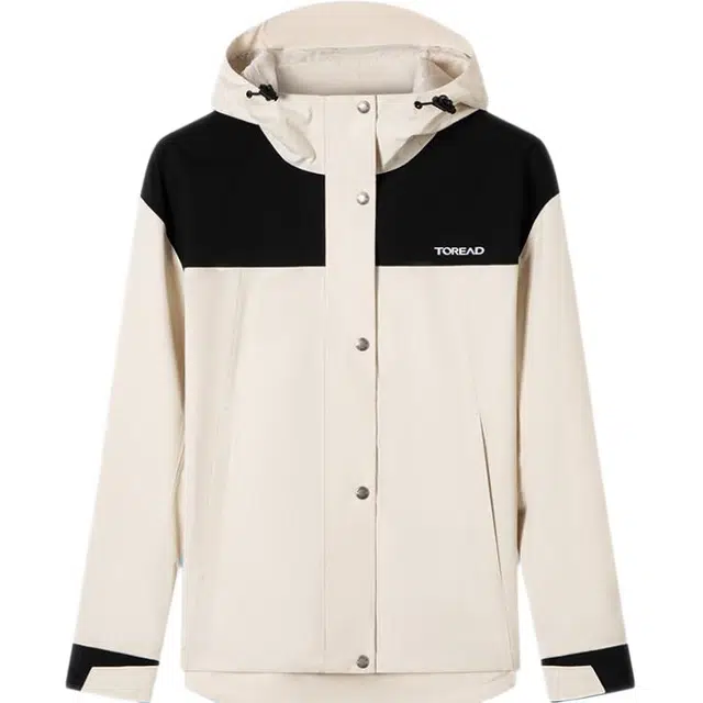 探路者  字母单层拼色拉链连帽  防水防风冲锋衣 女款 米色/黑色