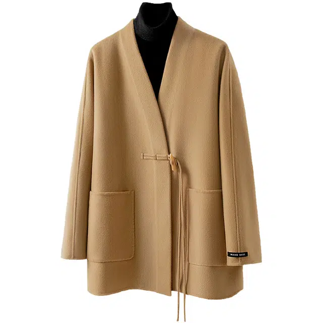 丝柏舍 一粒扣绵羊毛气质中长款双面呢长袖大衣 女款 驼色