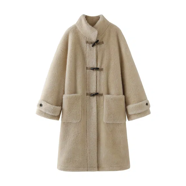 花栗鼠小姐 暖冬摩卡   拉贡风格双层毛领复合磨砂绒麂皮女长款毛毛绒感外套 女款