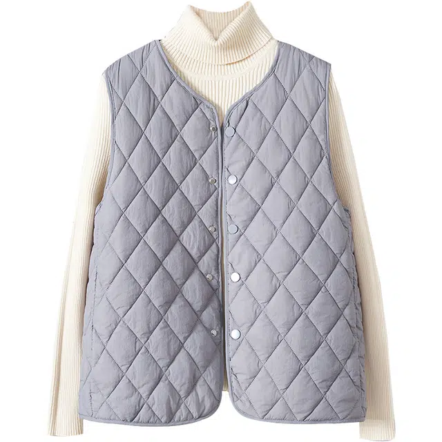 她池 简约休闲格纹圆领内搭叠穿厚款马甲 女款 灰紫色