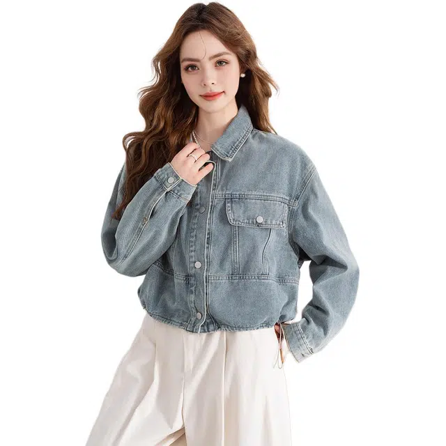 法文箱子 水洗抽绳下摆短款百搭翻领牛仔外套 女款 浅牛仔蓝