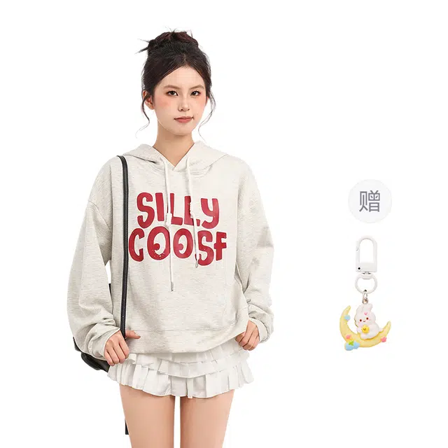 柏黛妃 连帽套头时尚简约帽衫卫衣 女款 花灰色