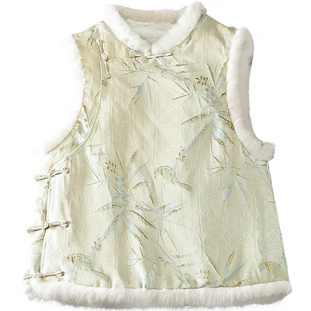 她池 立领短款植物花卉宽松马甲 女款 黄绿金竹