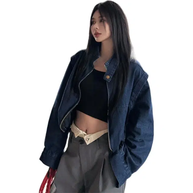 思蓓儿 立领拉链夹克短款长袖百搭韩版牛仔外套 女款 蓝色