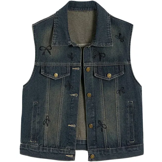 她池 蝴蝶结刺绣翻领单排扣宽松休闲马甲 女款 复古深蓝