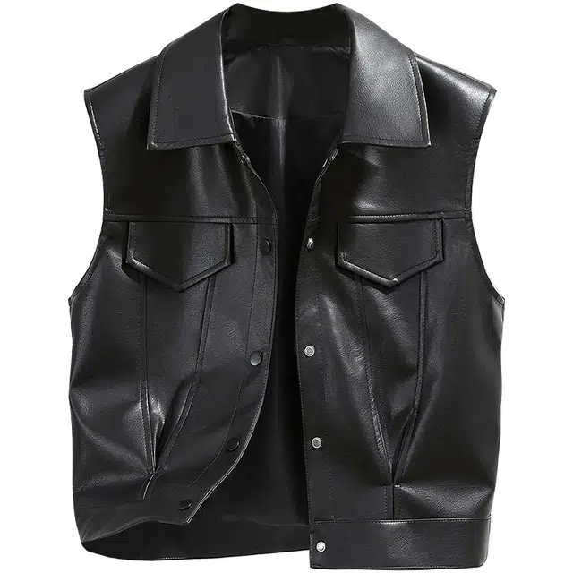 她池 单排扣宽松翻领短款复古马甲 女款 黑色