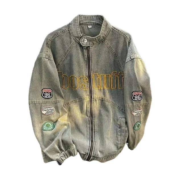 桴生 韩版春秋机车复古宽松重工夹克中性风牛仔外套 女款 蓝色