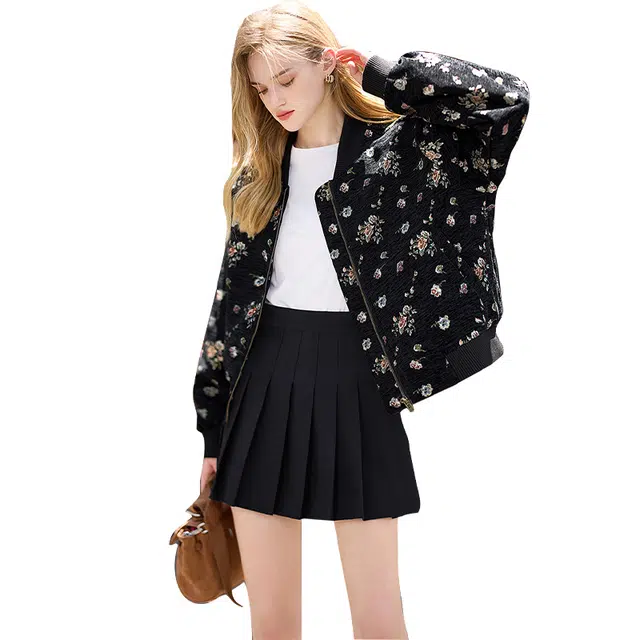 她池 印花短款宽松碎花长袖棒球服 女款 黑底花色