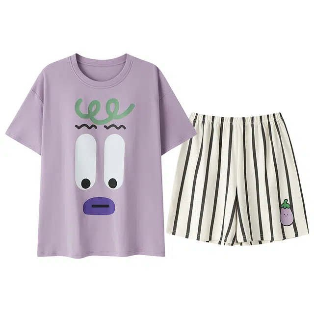 顶瓜瓜 胸垫系列 带胸垫纯棉可爱表情小茄子条纹短袖三分裤夏季睡衣套装 女款