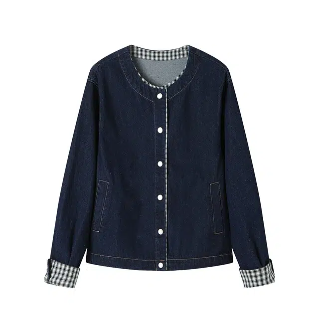 曲韩 曲韩 韩版复古港风洋气圆领格子翻边长袖外套 女款 丹宁蓝