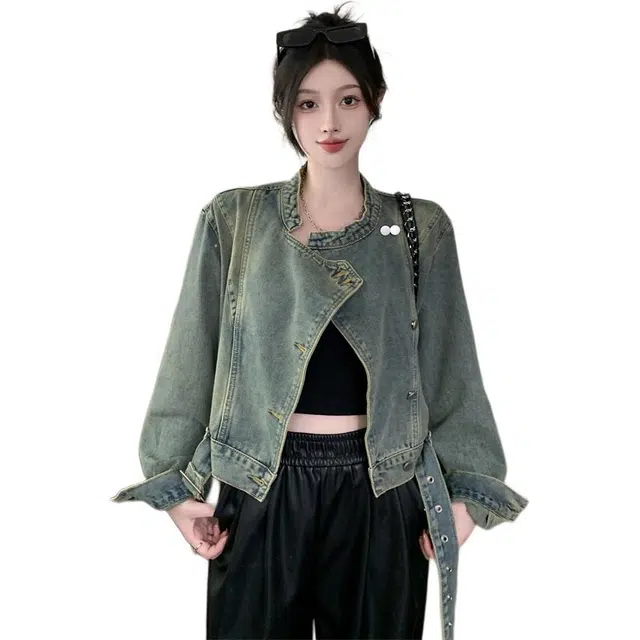 思蓓儿 美式复古做旧设计感立领宽松短款女牛仔外套 女款 图片色