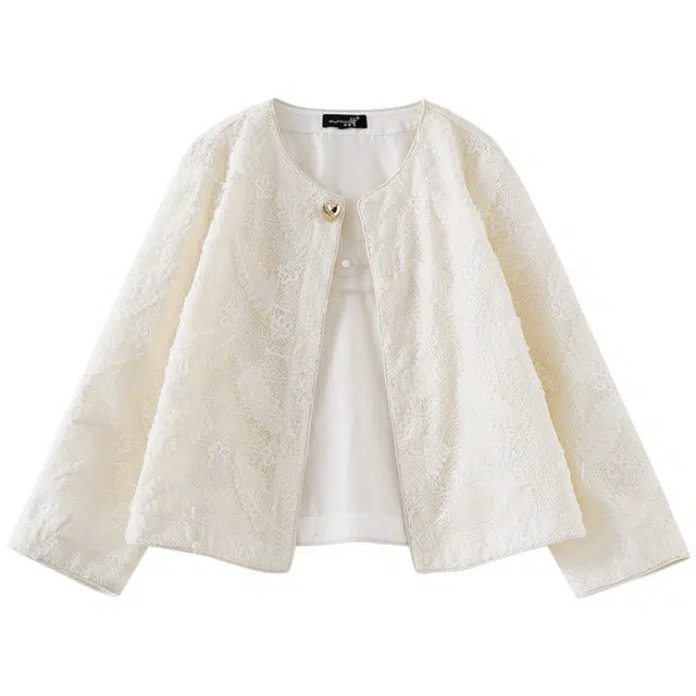 欧昵雪 圆领时尚亮片蕾丝休闲截短外套 女款 杏色