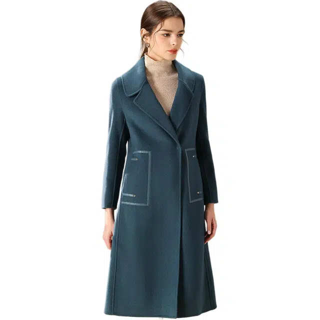 粉红玛琍 纯色西装领中长款大衣 女款 兰色