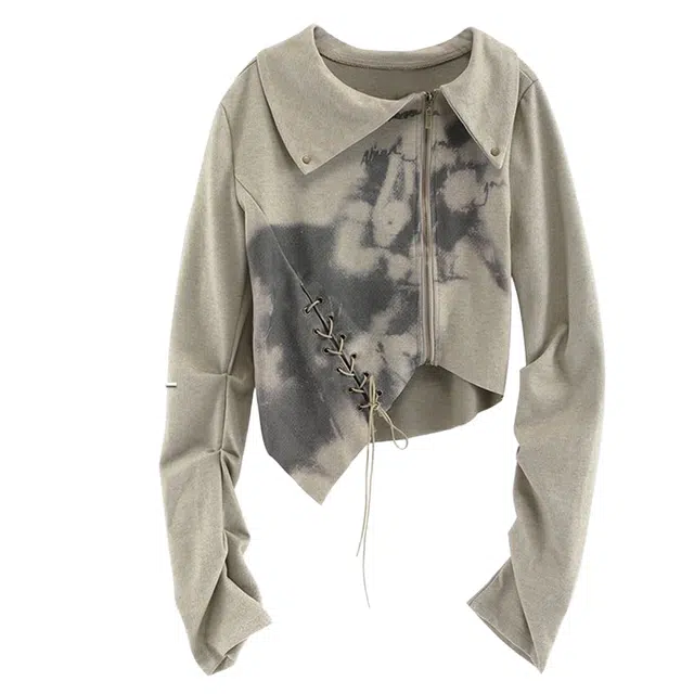 桴生 美式复古涂鸦印花不规则上衣设计感女早秋小众古着感截短外套 女款 灰色