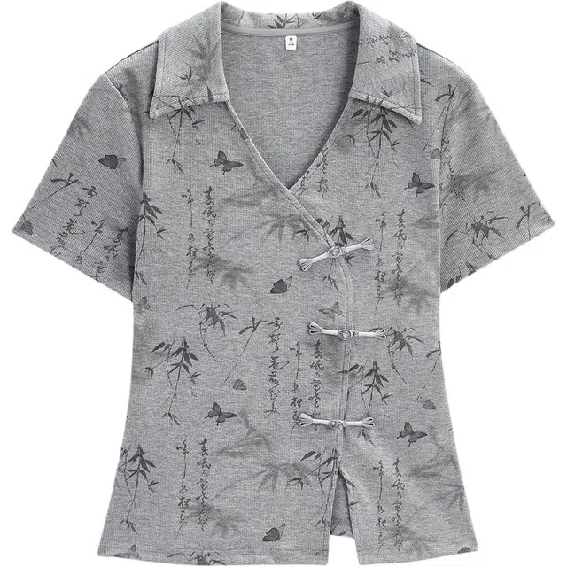 爱依服 新中式成熟优雅气质通勤百搭设计感短袖衬衫 女款 黑灰花