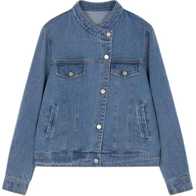 沫晗依美 短款立领简约牛仔外套 女款 蓝色