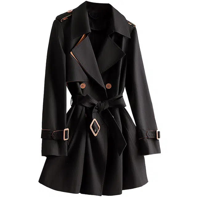 丝柏舍 撞色翻领双排扣复古宽松中长款气质收腰长袖风衣 女款 黑色