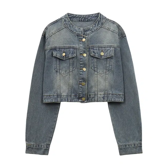 涂诗菲 复古立领短款上衣春款百搭显瘦港味设计感宽松时尚长袖 牛仔外套  女款