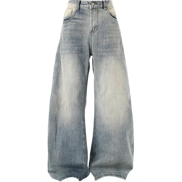 沃马 美式高街拼接弯刀水洗做旧废土风纯色基础款复古重工牛仔裤 男女同款