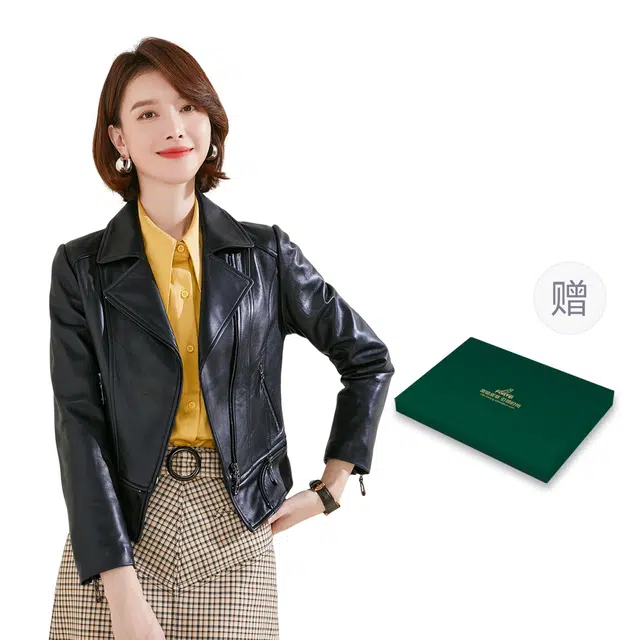 富铤 极简主义纯色耐磨真皮绵羊皮休闲短款修身机车风外套夹克皮衣 女款 黑色