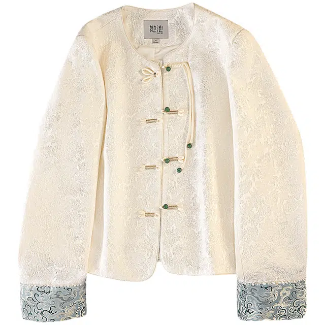 她池 时尚国风气质圆领单排扣休闲新中式截短外套 女款 米白色