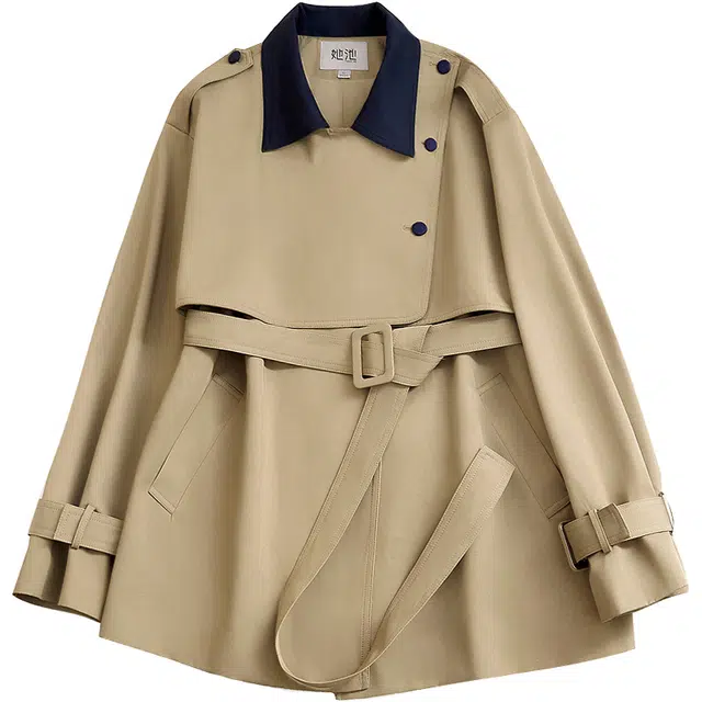 她池 英伦风撞色翻领中长款长袖风衣 女款 卡其色
