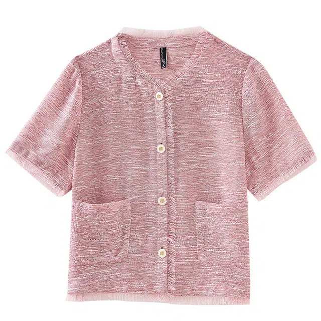 欧昵雪 亮丝小个子小香风百搭气质开衫截短外套 女款 深粉红