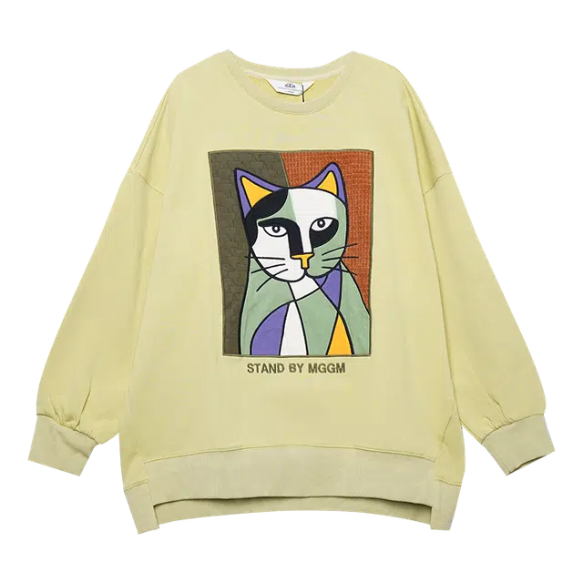 木果果木 圆领复古不规则下摆猫咪印花宽松卫衣 女款