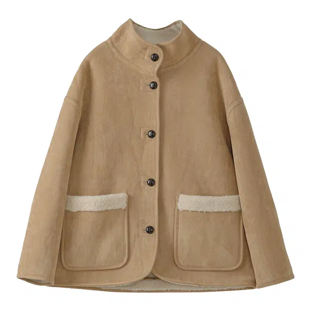 法儿家 韩系加厚单排扣宽松落肩长袖绒感外套 女款 卡其色