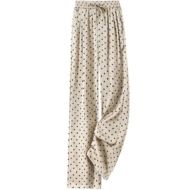 她池 波点宽松长款松紧腰阔腿裤休闲裤 女款 卡其色