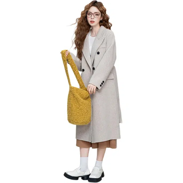 法文箱子 纯色西装领长袖大衣 女款 麦色