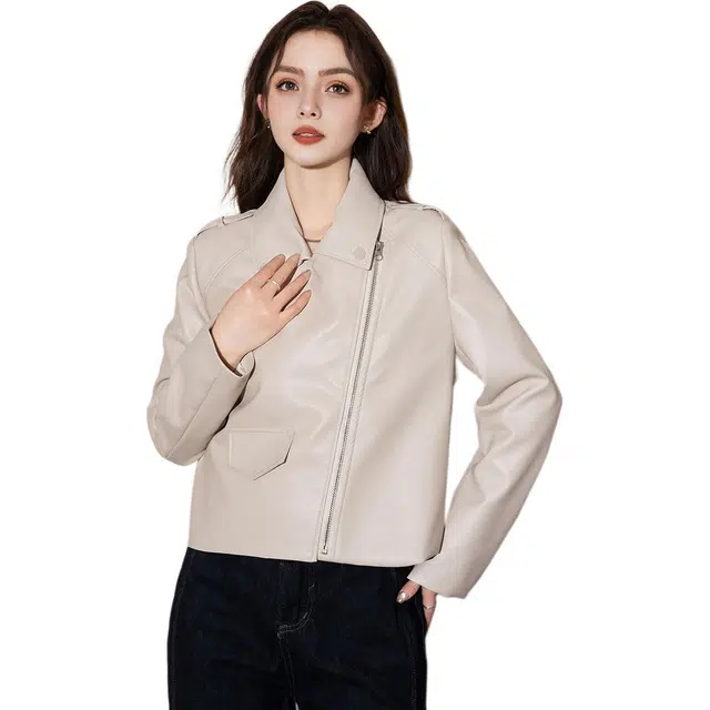 法文箱子 简约纯色拉链长袖皮衣 女款