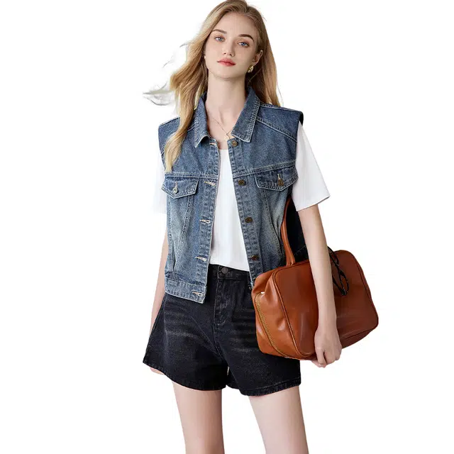 她池 牛仔翻领宽松款休闲马甲 女 浅蓝色