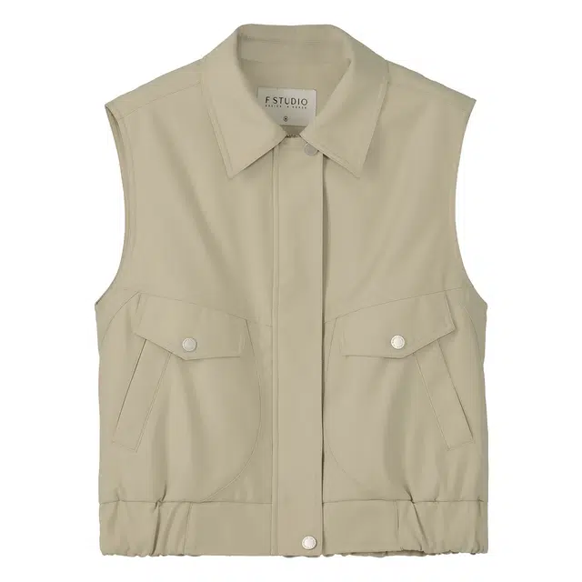 法儿家 露营马甲韩系纯色翻领宽松上衣外套 女款 卡其色