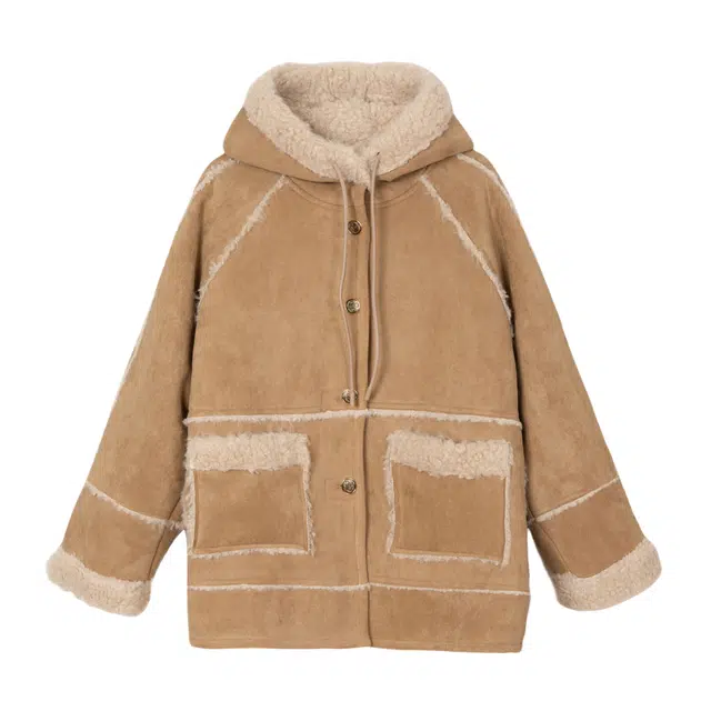 法文箱子 长袖口袋通勤绒感外套 女款 驼色