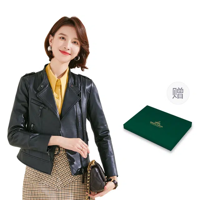 富铤 美式复古纯色拉链长袖皮衣 女款 黑色