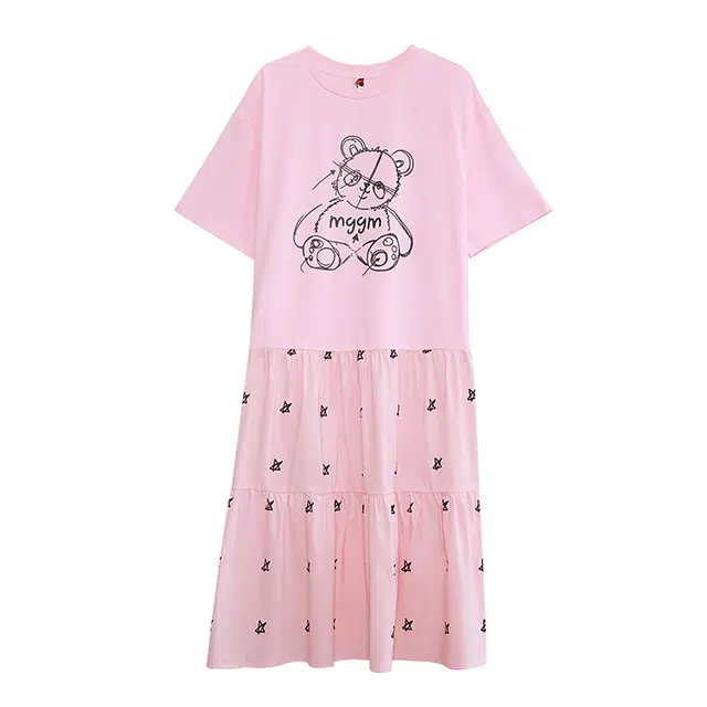 木果果木 休闲甜美中长款宽松动物图案圆领短袖连衣裙 女款