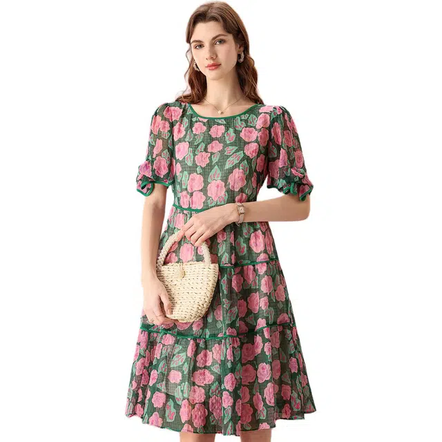 粉红玛琍 植物花卉图案中长款薄款舒适休闲短袖连衣裙 女款 绿色