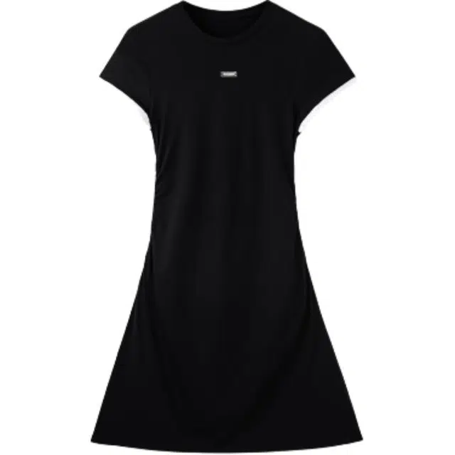 轻迎 简约收腰纯色圆领修身短款短袖连衣裙 女款 黑色