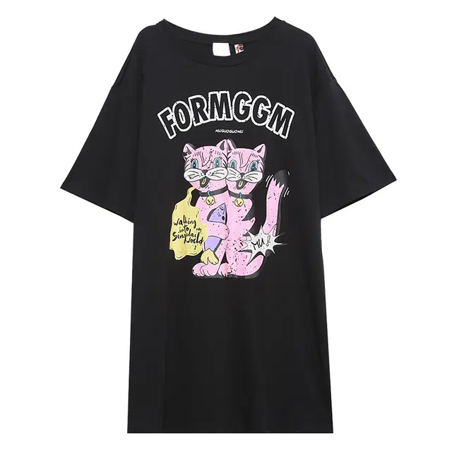 木果果木 复古印花卡通图案宽松中长款短袖连衣裙 女款 黑色