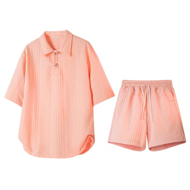 稻草人 美式复古高街韩系肌理提花翻领五分袖上衣简约薄款宽松阔腿系带松紧腰五分短裤休闲运动套装 男女同款