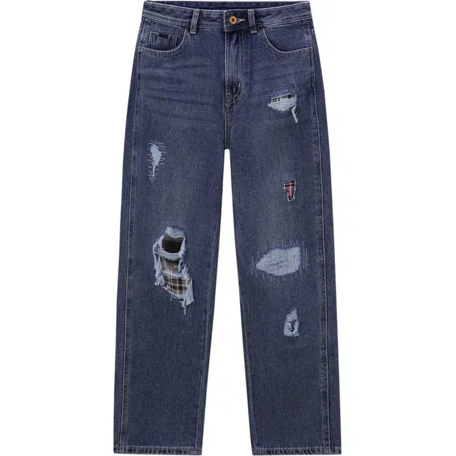 森马 直筒拼接磨破牛仔裤 女款 牛仔蓝灰